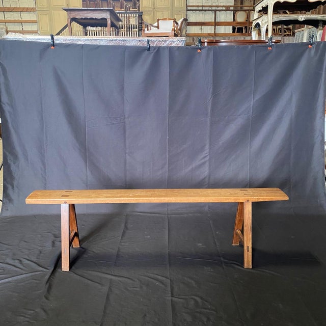 French Provincial Antique French Provincial Farmhouse Walnut Trestle Base Benches -a Pair For Sale - Image 3 of 11