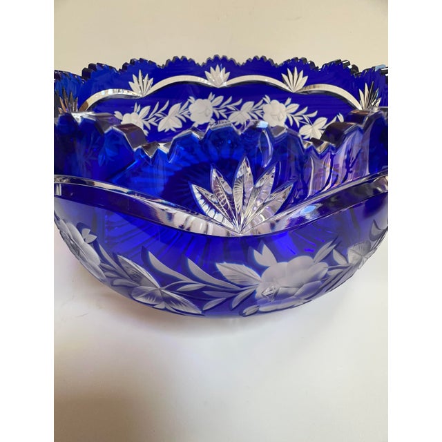 Blue Mid 20th Century Czech Bohemian Cobalt Blue Cut to Clear Crystal Centerpiece Bowl For Sale - Image 8 of 18
