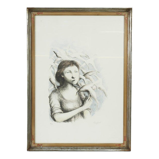 Domenico Purificato, 80/200 Young Woman Surrounded by Birds, 2000s, Lithograph, Framed For Sale