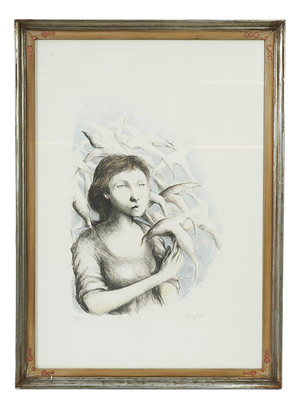 Domenico Purificato, 80/200 Young Woman Surrounded by Birds, 2000s, Lithograph, Framed
