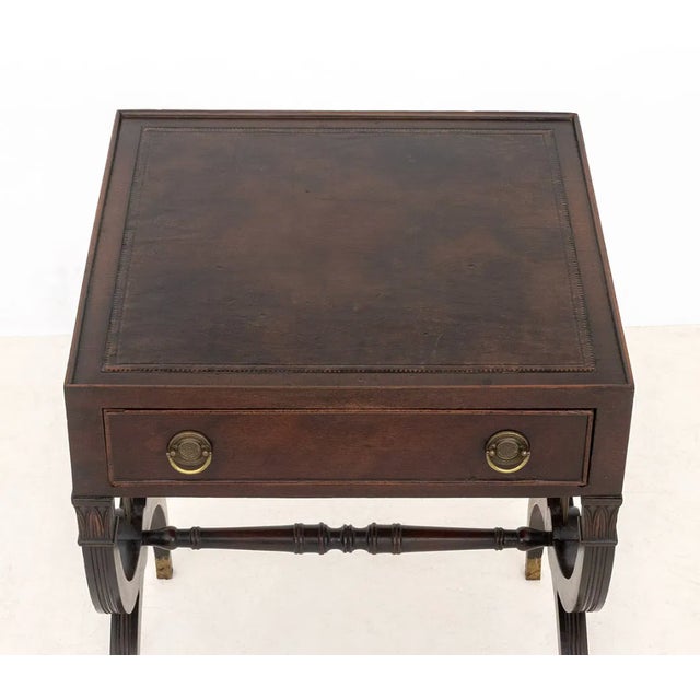 Pair of Regency Mahogany Leather-Top Side Tables With Lyre Bases | Ca. 1830 For Sale - Image 4 of 5