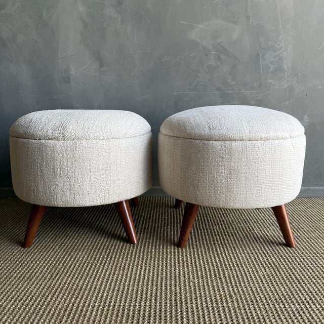 Mid-Century Modern Pair of Off-white Ottomans Made From Vintage Turkish Rugs For Sale - Image 3 of 10
