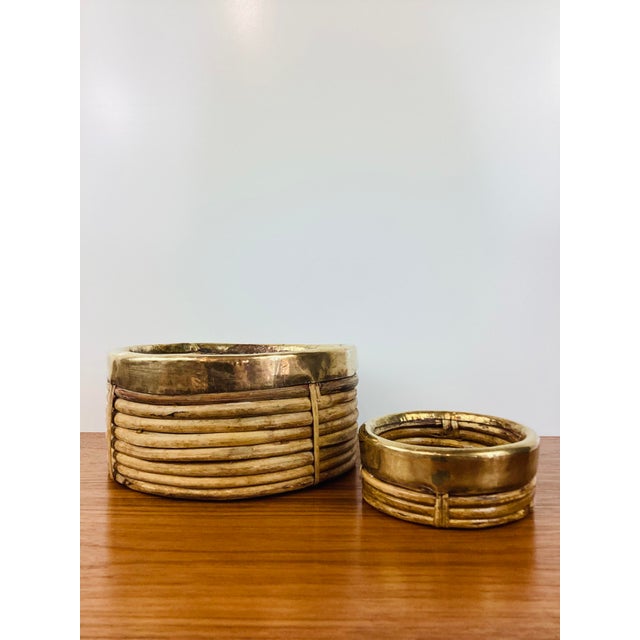 Vintage Pair of Gabriella Crespi Style Pencil Reed Rattan Trays made of pencil reed rattan natural honey tone brass trim...