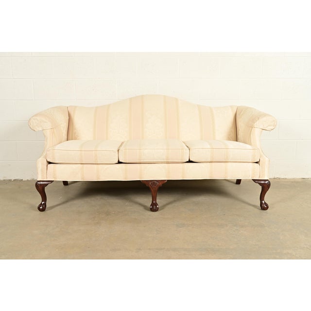 Ethan Allen Chippendale Carved Mahogany Upholstered Camelback Sofa For Sale In South Bend - Image 6 of 13