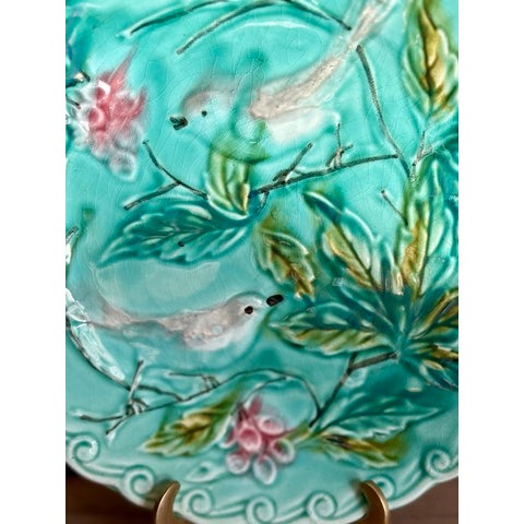 French Provincial Antique Continental Majolica Bird Plate For Sale - Image 3 of 5