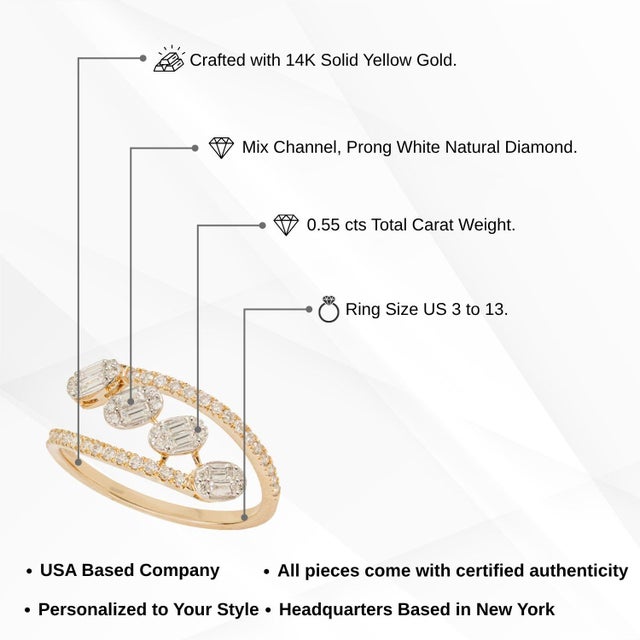 Certified 14k Solid Yellow Gold Baguette & Round Diamond Pave Bypass Ring Size 4 For Sale - Image 12 of 17