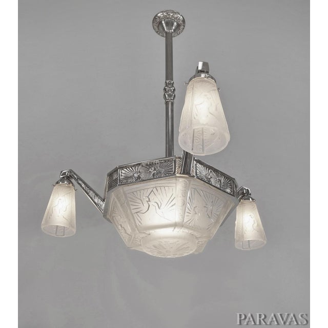 Art Deco Muller Freres French Art Deco Nickel Bronze Hexagonal Peacock Chandelier - 1930s For Sale - Image 3 of 15