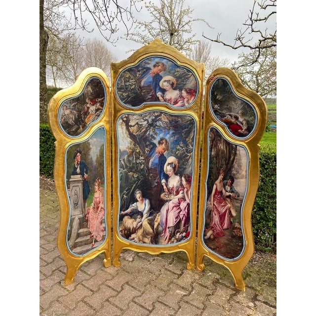 Late 20thC French Louis XVI Gilt Beech Scenic Room Divider Screen – 3 Panels For Sale - Image 11 of 18