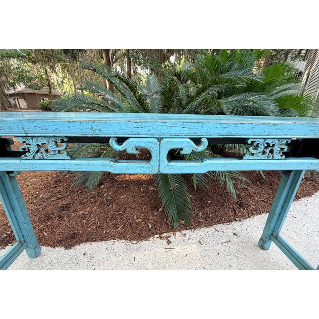 Chinese Distressed Turquoise Blue Console Table For Sale - Image 4 of 14
