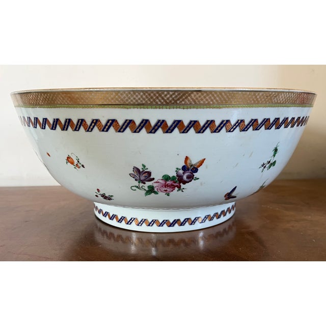 Large Antique 18th Century Chinese Export Famille Rose Porcelain Punch Bowl Decorated With Flowers, Fruit and Butterflies For Sale - Image 4 of 12