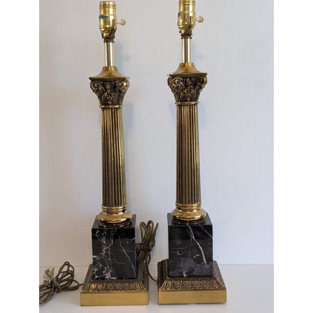 Vintage Mid Century Portora Black Marble and Brass Table Lamps, a Pair For Sale - Image 4 of 7