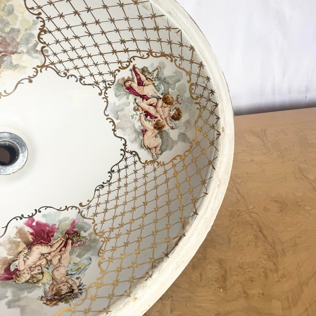 Mid 20th Century Vintage Italian Oval Hand Painted Cherub Sink by Cesame For Sale - Image 5 of 8