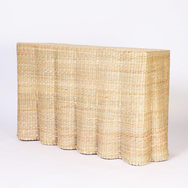 Mid-Century Modern Pair of Wicker Drapery Ghost Consoles For Sale - Image 3 of 9