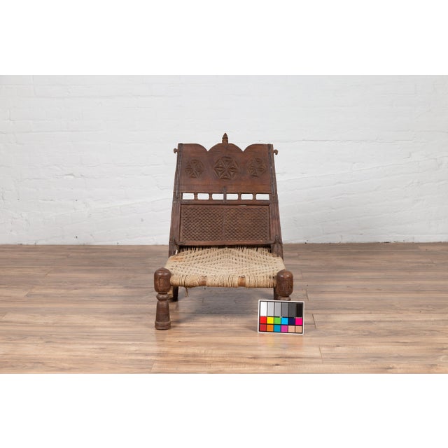 Wood Antique Indian Rustic Low Seat Wooden Chair with Carved Rosettes and Twine Seat For Sale - Image 7 of 12