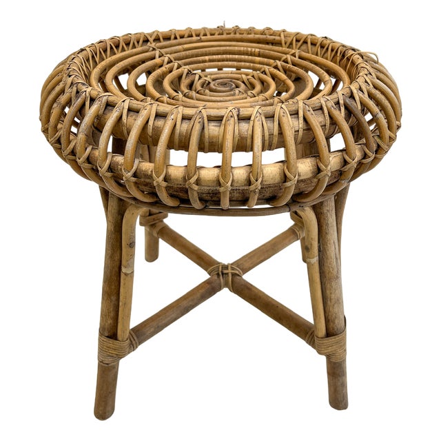 Mid-Century French Woven Bamboo Rattan Stool, 1950s For Sale
