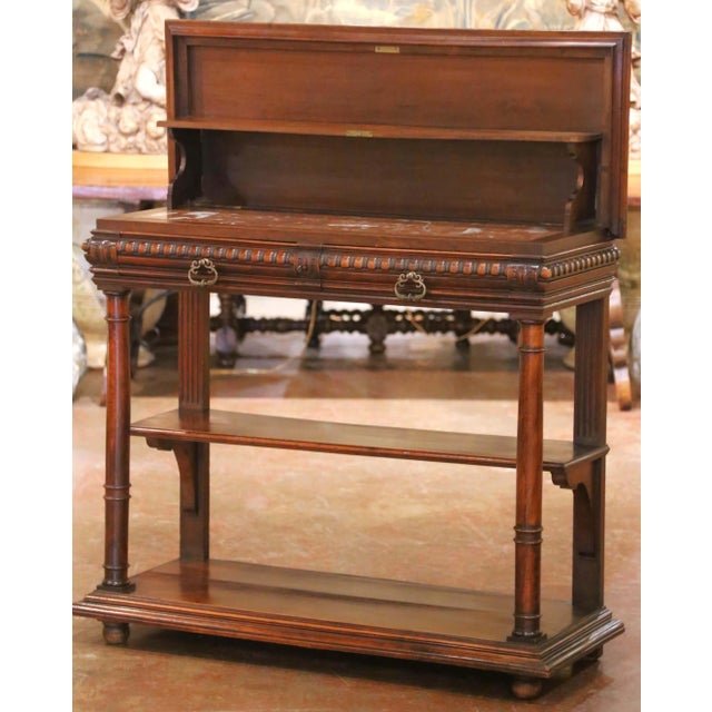 19th C. French Henri II Walnut Desserte Console With Lift-Top Marble Interior For Sale In Dallas - Image 6 of 18