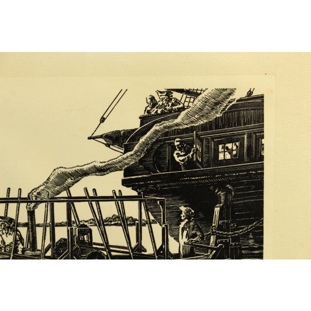 Roland Harper American Woodblock Print of "The Perseverance" Steamboat Demo in 1787 For Sale - Image 4 of 8