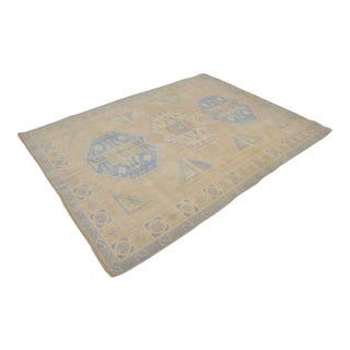 Vintage Anatolian Wool Area Rug, Light Sand Field With Soft Blue Geometric Medallions For Sale