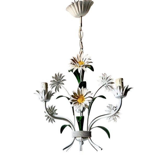 Italian White Tole Daisy 3-Light Chandelier, 1970s For Sale