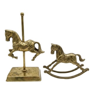 Vintage Solid Brass Carousel Horse & Rocking Horse Figurines – Pair For Sale