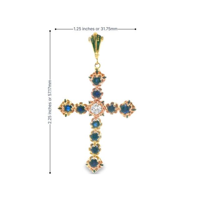 Blue 1980s 14k Yellow Gold Sapphire & Diamond Cross Pendant For Sale - Image 8 of 8