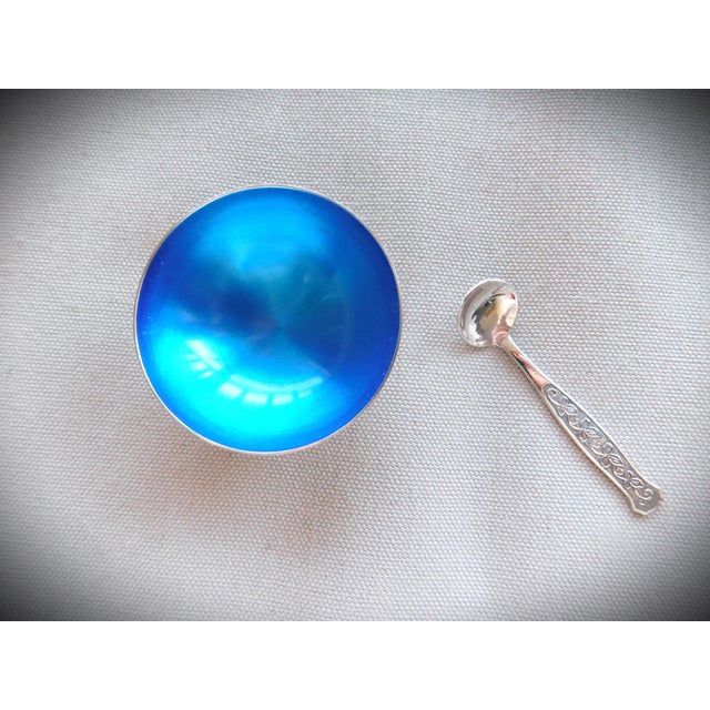 Meka Denmark Vintage Sterling and Blue Enamel Salt Cellar & Sterling Spoon For Sale In New York - Image 6 of 9