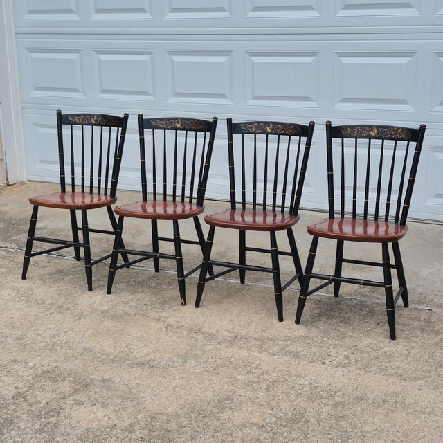 2001 Hitchcock Harvest Stenciled Faux Bamboo Cherry Windsor Dining Chairs, Set of 4 For Sale - Image 15 of 15