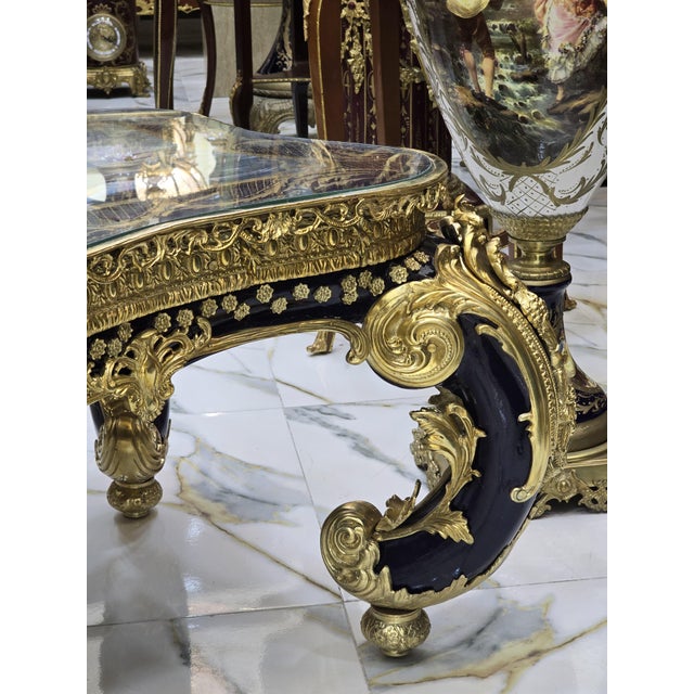 Bronze French Rococo Coffee Table With Hand-Painted Artwork Under Glass & Gilded Bronze Details For Sale - Image 8 of 11