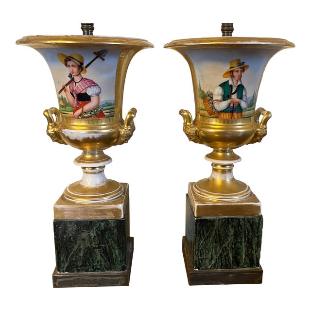 Antique Early 19th Century Old Paris Porcelain Urn Vases Decorated With Gardeners Now Mounted as Table Lamps - A Pair For Sale