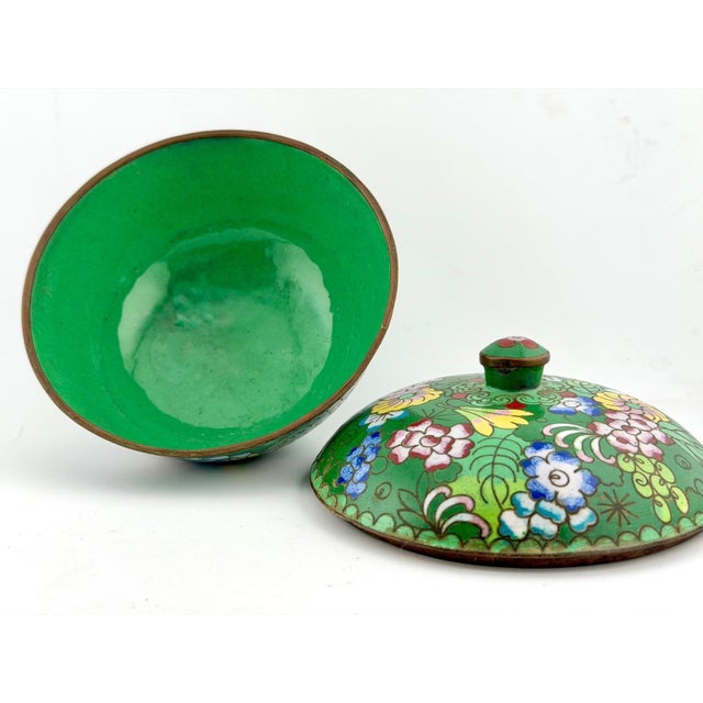 Green Beautiful Lidded Green Cloisonné Bowl - Vintage Floral Enamel Design For Sale - Image 8 of 9