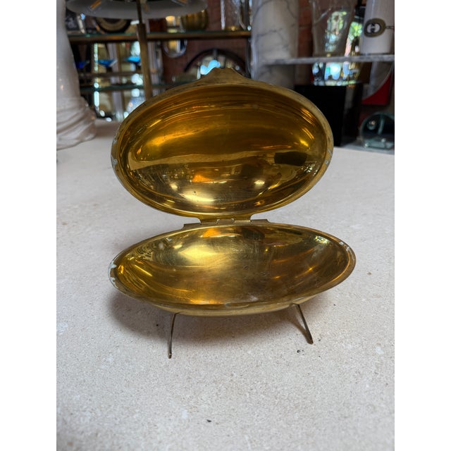 Metal Vintage Brass Clamshell Covered Dish on Stand For Sale - Image 7 of 8