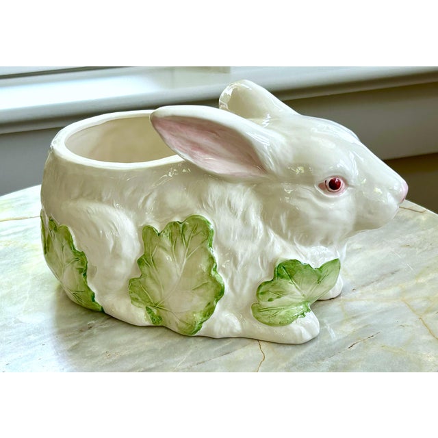 Hand-painted ceramic bunny rabbit planter / dish in a classic majolica style. With glossy hand‑painted greens and...