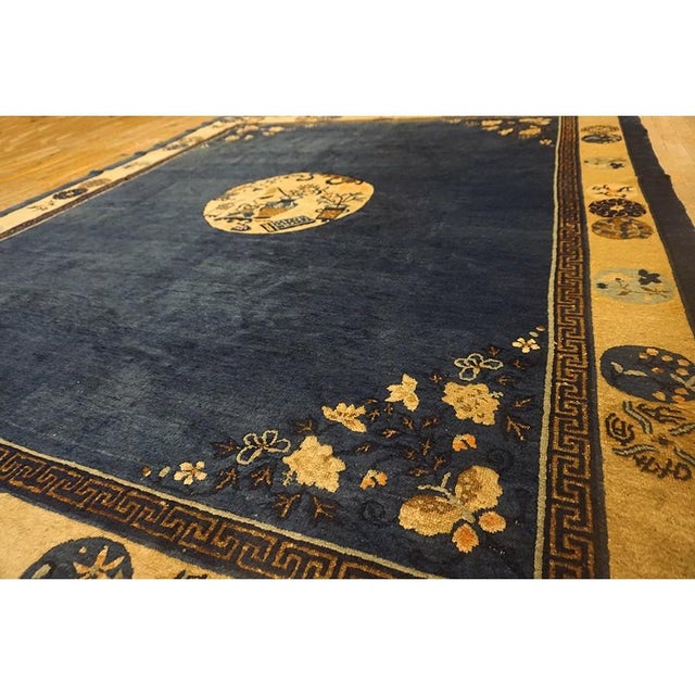 1920s Navy Field Medallion Floral Greek Key Antique Chinese Peking Rug For Sale - Image 9 of 9