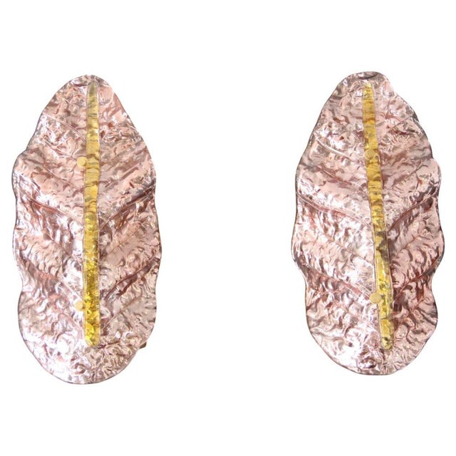 Pink and Gold Murano Glass Wall Sconces in the Shape of Leaves, 2000s, Set of 2 For Sale - Image 12 of 12