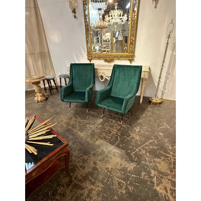 Metal Pair of Italian Green Velvet Mid Century Modern Chairs For Sale - Image 7 of 8
