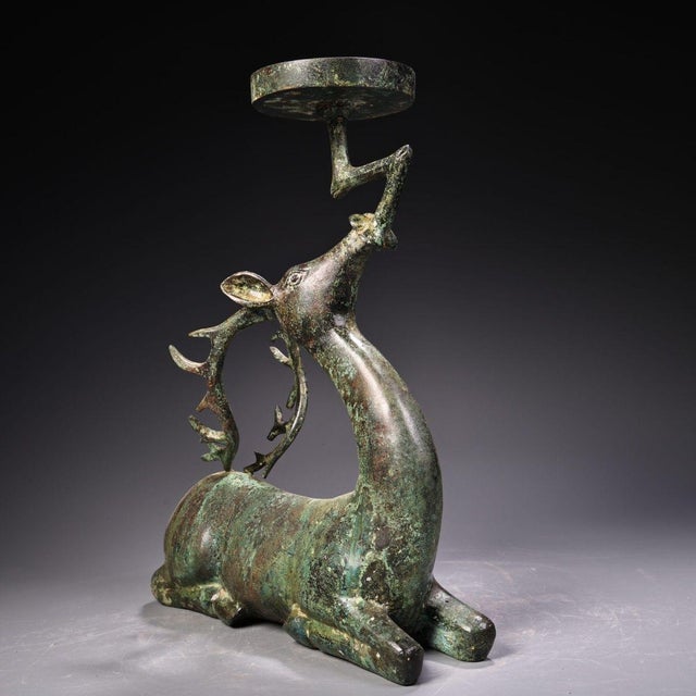 Late 19th Century Bronze Deer Oil Lamp With Inscription, 2300g, Archaic Style For Sale - Image 4 of 10