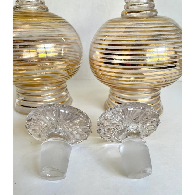 Gold Pair of Art Deco Gold Striped Glass Decanters For Sale - Image 8 of 12