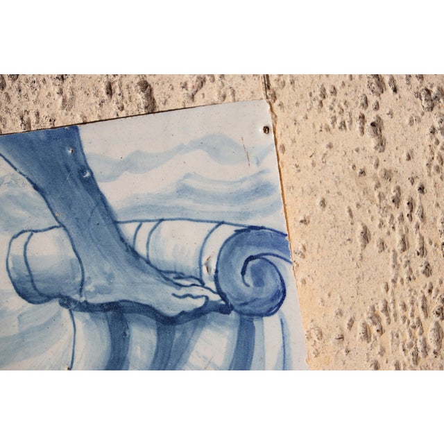 18th Century Antique 18th Century Blue and White Portuguese Tile Depicting a Foot on a Rocaille Ribbon For Sale - Image 5 of 9