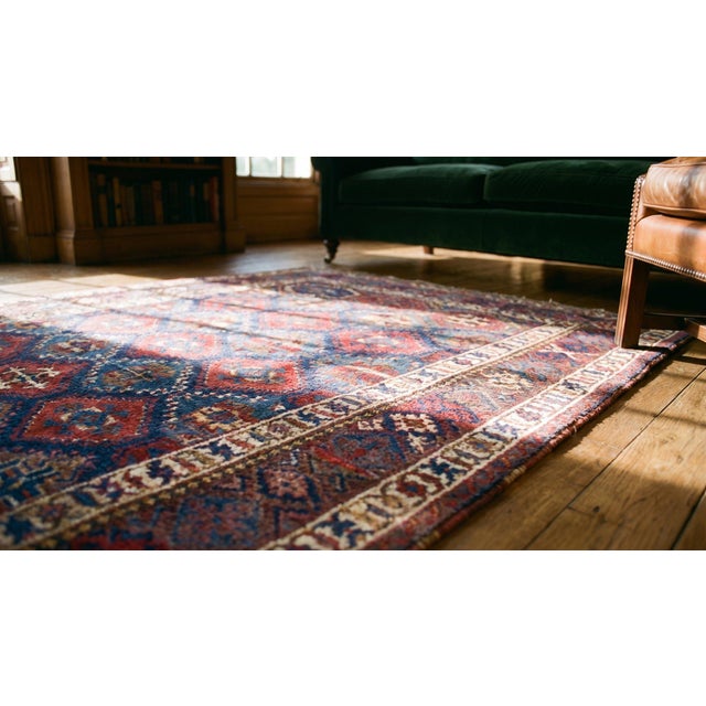 Textile 1900s Blue Diamond Tribal Antique Persian Kurdish Rug 4'2" X 9'9" Hand Knotted Wool Carpet For Sale - Image 7 of 8