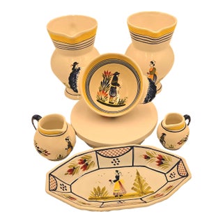 Vintage Henriot Quimper: 2 Pitchers, a Serving Plate, a Bowl, and 2 Small Vases or Creamers - White French Faience - 6 pcs For Sale