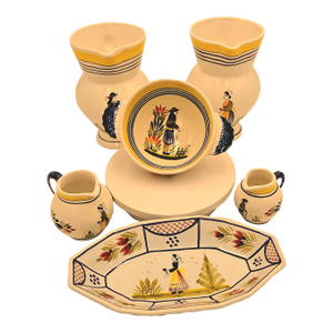 Vintage Henriot Quimper: 2 Pitchers, a Serving Plate, a Bowl, and 2 Small Vases or Creamers - White French Faience - 6 pcs