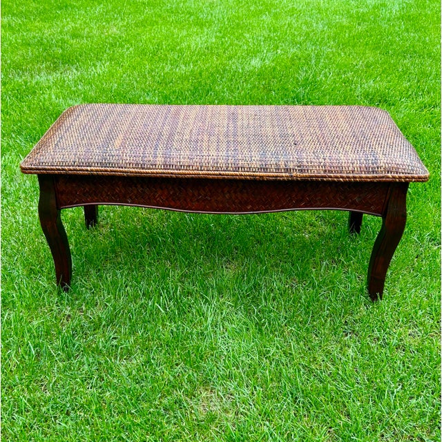 Boho Chic Wooden Bench, With a Cushioned, Rattan-Woven Seat, Curved Legs, Late 20th Century, Bohemian/Coastal Styles For Sale - Image 3 of 11