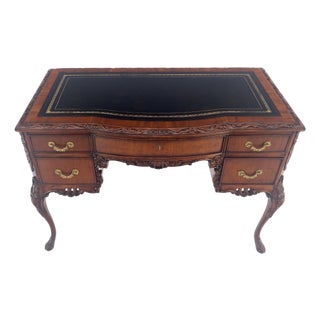 Carved Mahogany Embossed Black Leather Top Petit Compact 5 Drawers Desk MINT For Sale