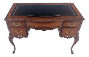 Carved Mahogany Embossed Black Leather Top Petit Compact 5 Drawers Desk MINT