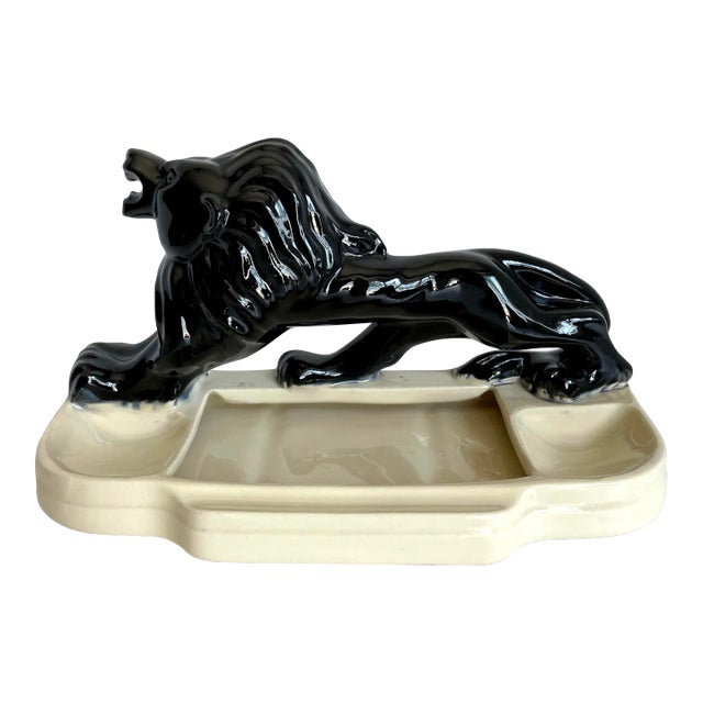 Vintage Glazed Ceramic Lion Tabletop Trinket Cachepot For Sale