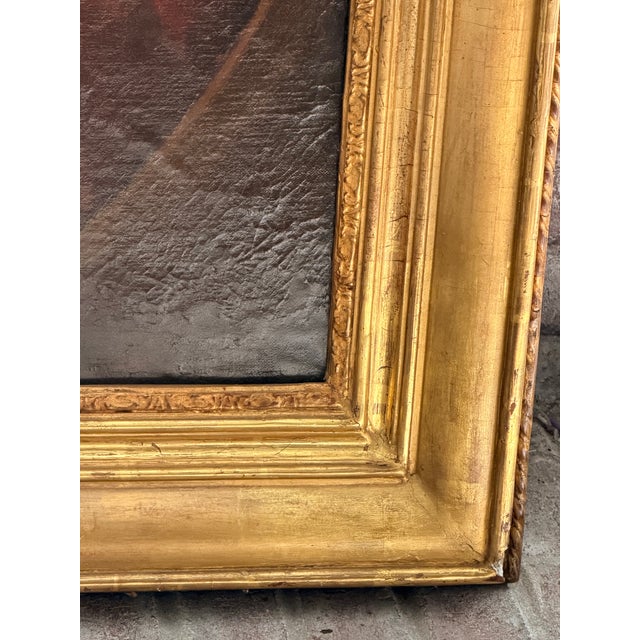 Burgundy Large Classical Allegorical Artist Cherub Oil Painting in Giltwood Frame For Sale - Image 8 of 11