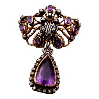 Gold and Silver Brooch with Diamond and Amethyst Chips For Sale