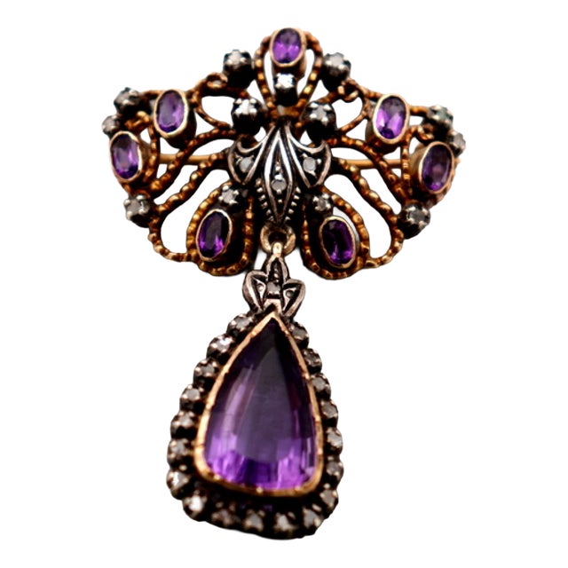 Gold and Silver Brooch with Diamond and Amethyst Chips For Sale