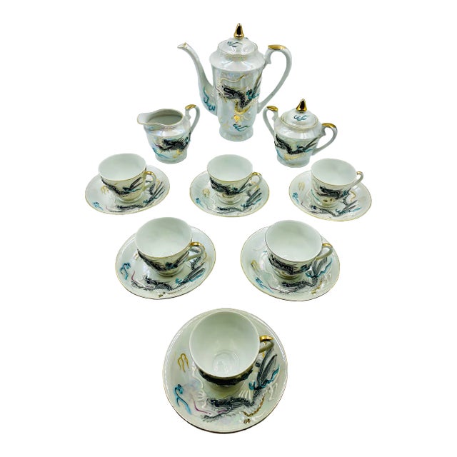 Vintage White Dragon Ware Lusterware Moriage Geisha Lithophane Tea Set- 15 Pieces For Sale