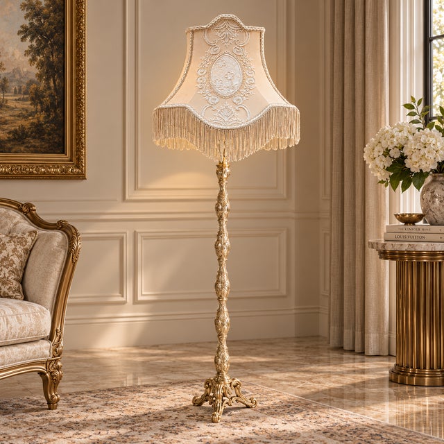 French Ornate French-Style Floor Lamp – Gilded Gold Leaf Stand With Embroidered Ivory Shade & Fringe Trim For Sale - Image 3 of 3